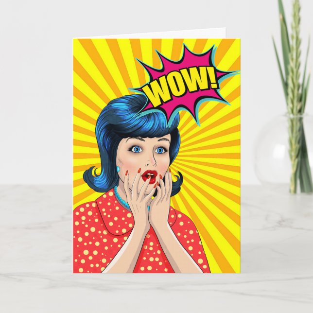 Cartão Parabéns engraçados com a Pop Art Wow Mulher (Frente)