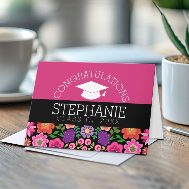 Cartão Parabéns Formando Girly Flowers Graduação (Custom, Personalized Graduation Congratulations - Folded Greeting Card)