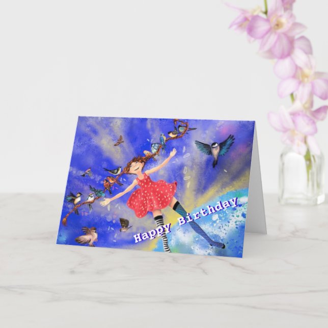 Cartão Parabéns, garota com pássaros - seu nome (Orquídea)
