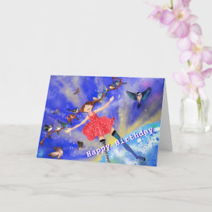 Cartão Parabéns, garota com pássaros - seu nome