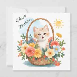 Cartão Parabéns Gatito Fofo no Cesto de Flores