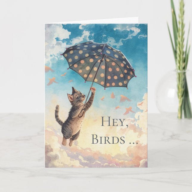 Cartão Parabéns Gato e Guarda-chuva Voando no Ar (Frente)