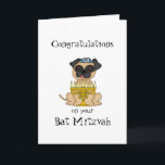 Cartão Parabéns no seu cachorro Bat Mitzvah-Pug<br><div class="desc">Este pequeno cachorrinho bonitinho está sentado com uma menorah com velas acesas,  e vestindo um minúsculo yarmulke. Dentro é um belo verso que você pode personalizar.</div>