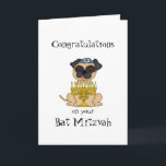 Cartão Parabéns no seu cachorro Bat Mitzvah-Pug<br><div class="desc">Este pequeno cachorrinho bonitinho está sentado com uma menorah com velas acesas,  e vestindo um minúsculo yarmulke. Dentro é um belo verso que você pode personalizar.</div>