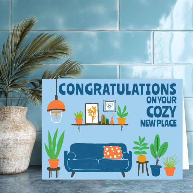 Cartão Parabéns Nova Sala de Estar Louca em Casa (Congratulations New Home Cozy Cute Living Room Hand Drawn Card
)