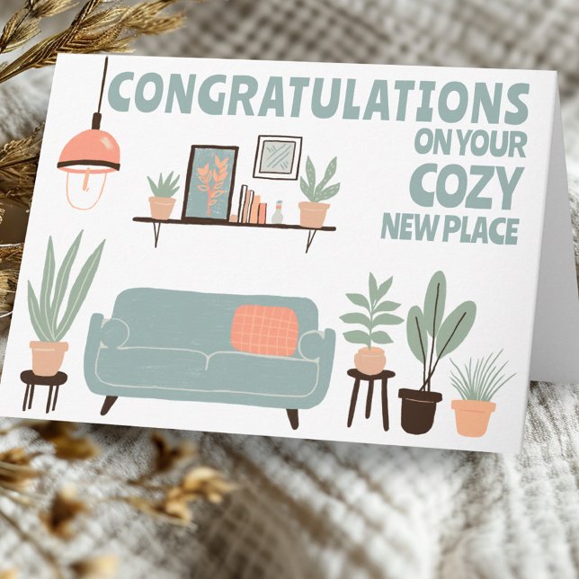 Cartão Parabéns Nova Sala de Estar Louca em Casa (Congratulations New Home Cozy Cute Living Room Card
)