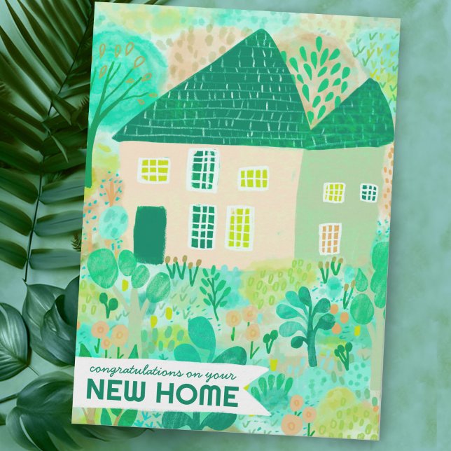 Cartão Parabéns Novo Gráfico de Aquarela do Jardim Domést (Congratulations New Home Moving Garden Watercolor Cute Card
)