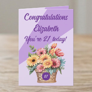 Cartão Parabéns pelos 21 hoje floral roxo aniversário