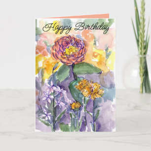 Cartão Parabéns Pink Zinnias Watercolor Garden