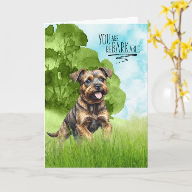 Cartão Parabéns reBARKable Border Terrier Cachorro (Flor Amarela)