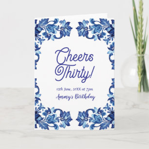 Cartão Parabéns trinta aniversário azul real floral borda