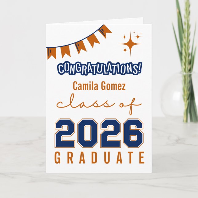 Cartão Parabéns Turma de 2026 Graduados Laranja Azul (Frente)