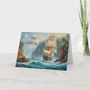 Cartão Parabéns Vintage Sail Ship perto da Ilha