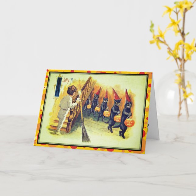 Cartão Parada de Gatos Pretos - Vintage do Halloween Joll (Flor Amarela)