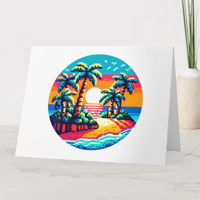 Cartão Paraíso Tropical Sunset Beach Relaxando Pixel Art (Frente)