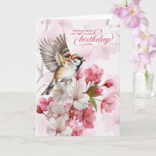 Cartão Pardal de Aniversário e Alegria de Flores de Cerej