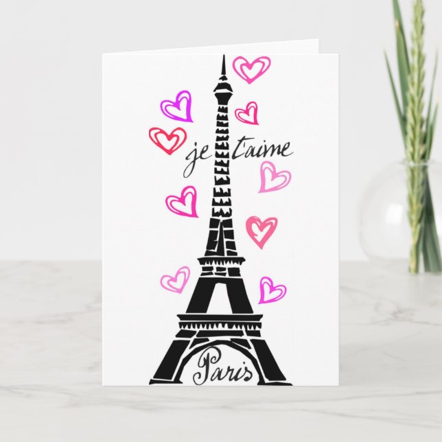 CARTÃO PARIS JE T'AIME EIFFEL E CORAÇÕES COR-DE-ROSA (Frente)