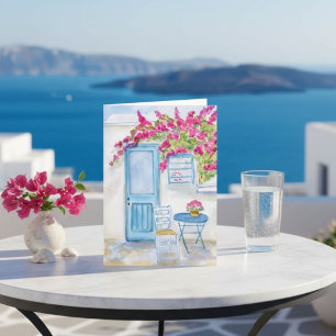 Cartão Paros Grécia Porta Azul e Bougainvillea Aquarela