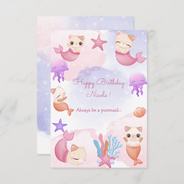 Cartão Parteira de gato e sereia feliz aniversário (Frente/Verso)