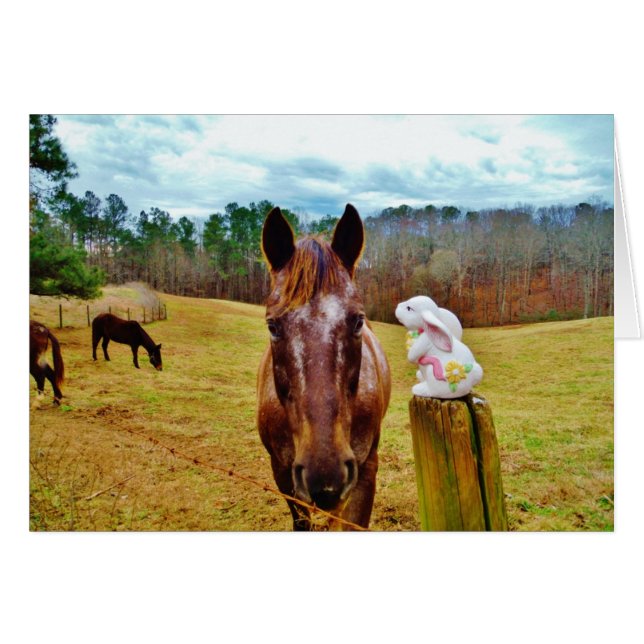 Cartão Páscoa Bunny e Cavalo Marrom (Frente Horizontal)