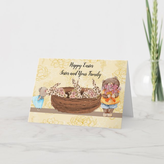 Cartão Páscoa de Bunnies & Ursos para Irmã e Família (Frente)