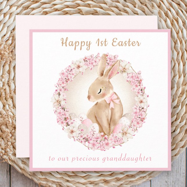 Cartão páscoa rosa de 1rua de Páscoa de vovô macacão-bran (1st Easter Cute Bunny Granddaughter Pink Easter Card)