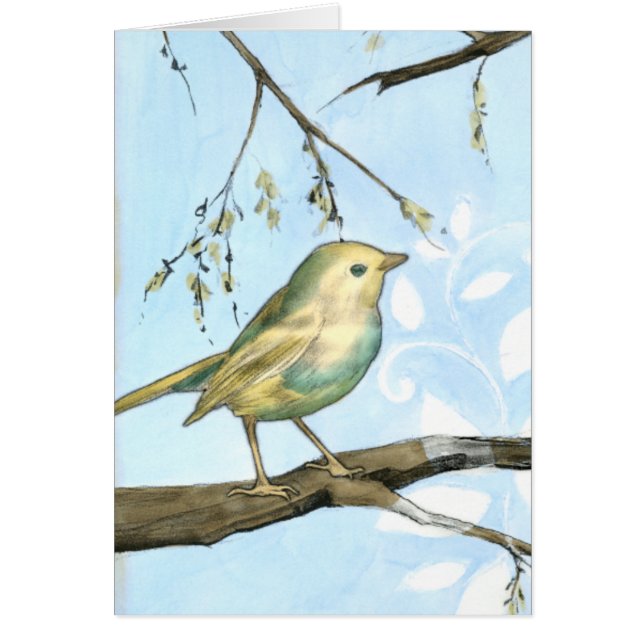 Cartão Pássaro Amarelo Pequeno Empoleirado em uma ramific (Frente)