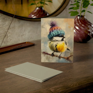 Cartão Pássaro Canoro de Inverno em Chapéu de Tricô/Carta
