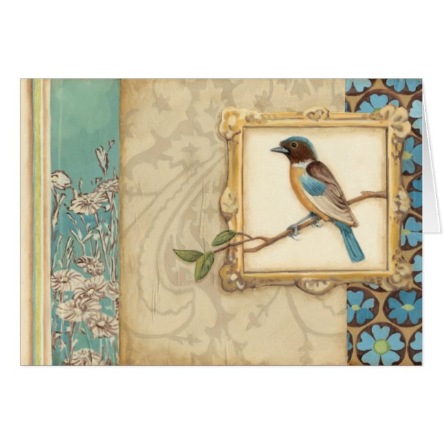 Cartão Pássaro Castanho e Azul em um Ramo Olhando para Ci (Frente Horizontal)