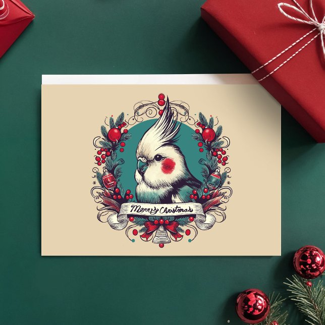 Cartão Pássaro de Pet Feriado de Cockatiel, Encantador (Christmas Cockatiel holiday card in charming vintage style, pet bird portrait in red & teal wreath)