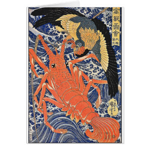 Cartão Pássaro e lagosta - Bloqueio Japonês Art Ukiyo-E