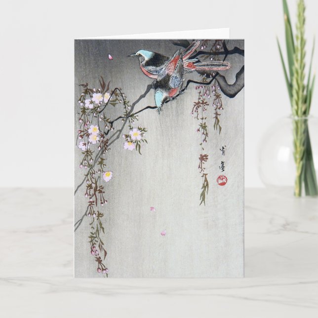 Cartão Pássaro em um Ramo de Cereja, Watanabe Seitei (Frente)