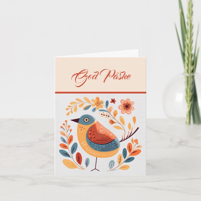 Cartão Pássaro Nórdico Laranja Amarelo Turquesa Deus Påsk (Frente)