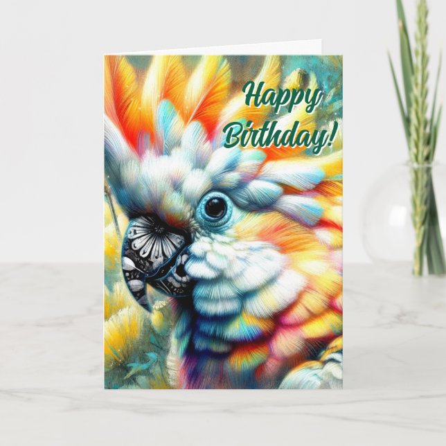 Cartão Pássaros Amarelos do Cockatoo Whimsical Aniversári (Frente)