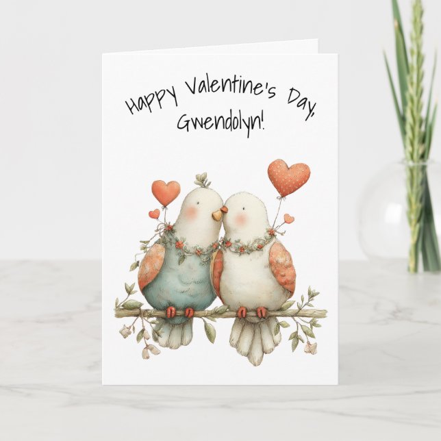 Cartão Pássaros de Amor Fofos com Corações Feliz Dia dos  (Frente)