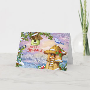 Cartão Pássaros de Natal e Casas de Pássaros Ilustração d