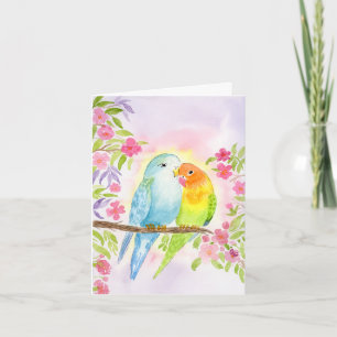 Cartão Pássaros do Amor em Aquarela com Flores Rosa