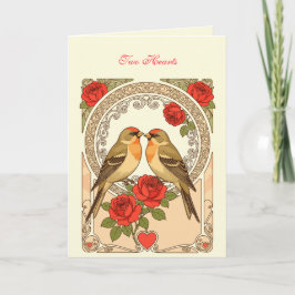 Cartão Pássaros Estilizados e Rosas Vermelhas Art Nouveau