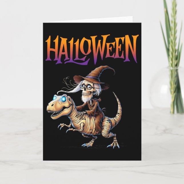 Cartão Passeio de Esqueleto de T-rex de Halloween (Frente)