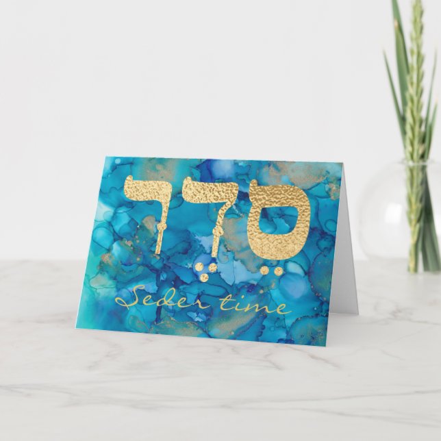 Cartão Passover Blue Gold Seder Time Greeting Card (Frente)