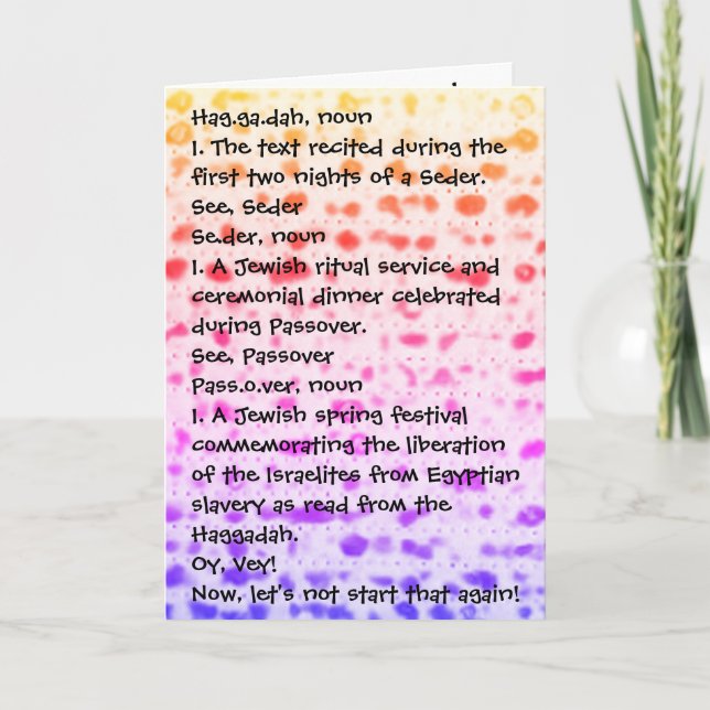 Cartão Passover Funny Define Haggadah Colorful Matzah (Frente)