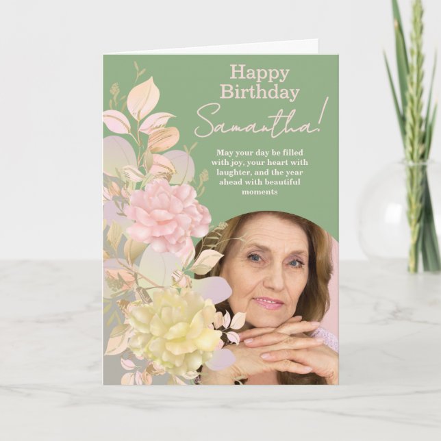 Cartão Pastel Blush Pink Floral Photo Birthday Greeting (Frente)