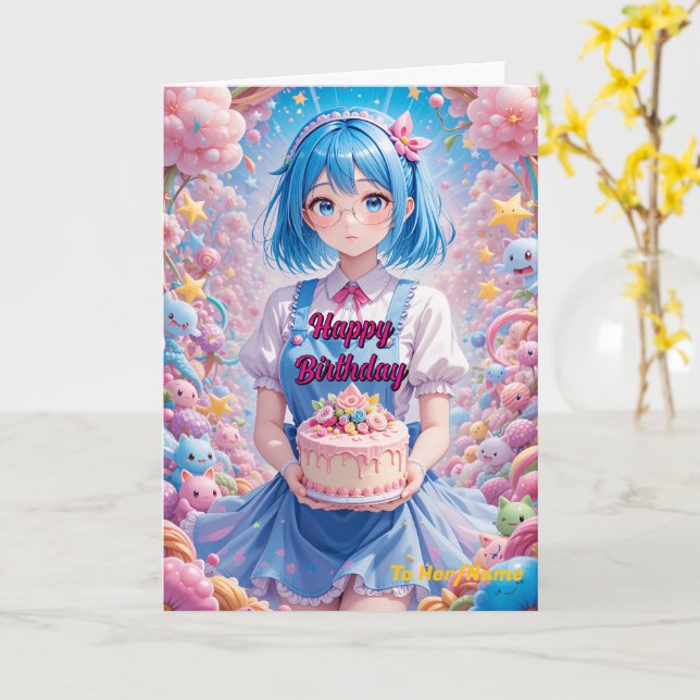 Cartão Pastel Kawaii Girl Cake Celebration (Flor Amarela)