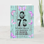 Cartão Pastel Monogram Butterfly 70th Birthday Greeting<br><div class="desc">Pretty,  rustic,  pastel,  watercolor butterflies card in blue, pink and purple. Watercolor butterflies adorn wood planks. Add the name,  initial and age to suit your needs. All the text to the front and inside of the card is easily edited using the template provided.</div>