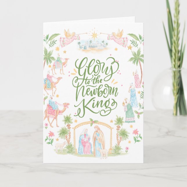 Cartão Pastel Nativity | Glory to Newborn King | Photo (Frente)