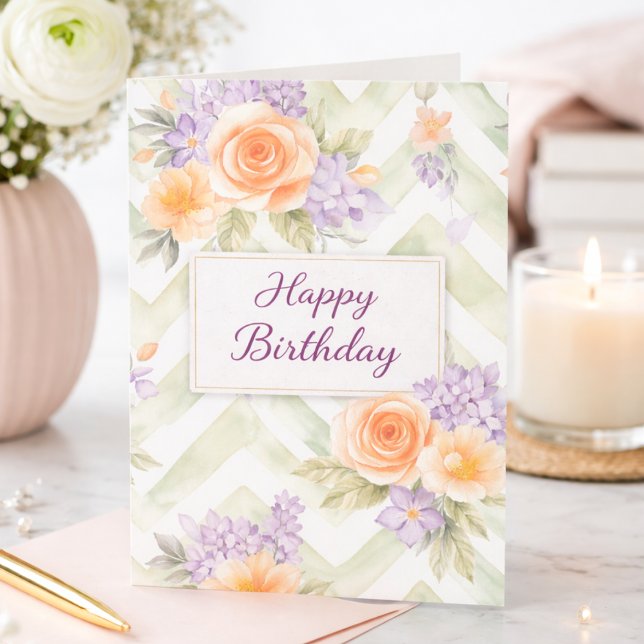 Cartão Pastel Peach Lavender Floral Sage Chevron Birthday (Criador carregado)