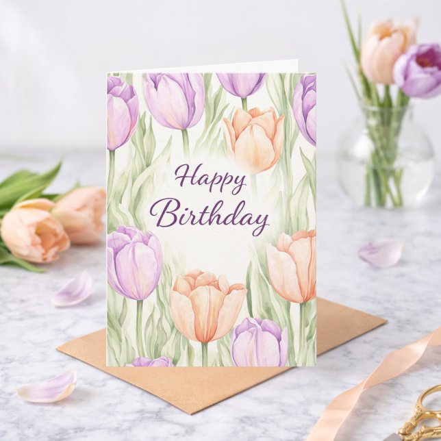 Cartão Pastel Peach Purple Tulips Spring Floral Birthday (Criador carregado)