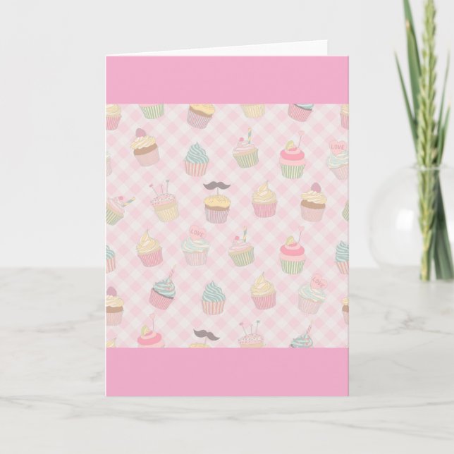 Cartão Pastel Pink Gingham Cute Cupcakes Pattern (Frente)