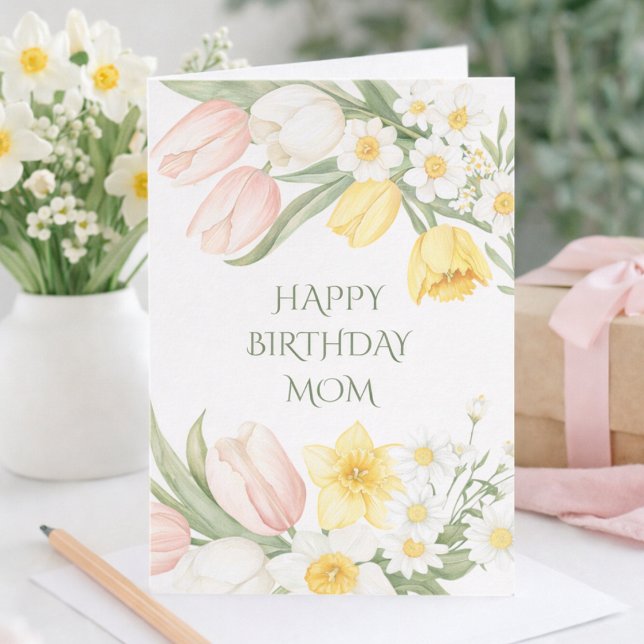 Cartão Pastel Pink Tulips Daffodils Floral Birthday Card (Criador carregado)