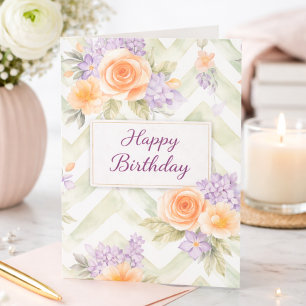 Cartão Pastel Rosa Lavanda Floral Sage Chevron Aniversári